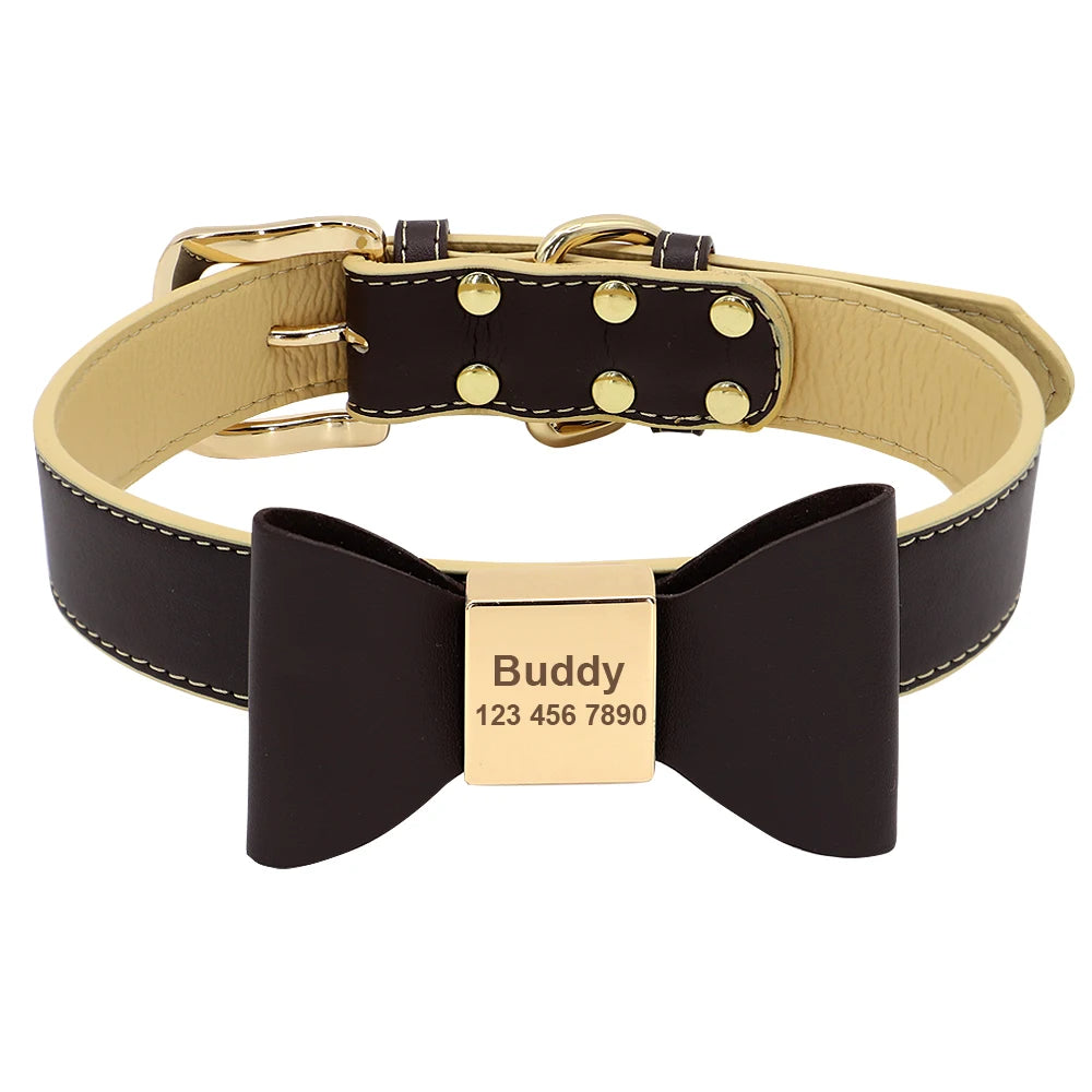 🎀 Personalisiertes Hundehalsband aus PU-Leder mit Schleife & Namensgravur
