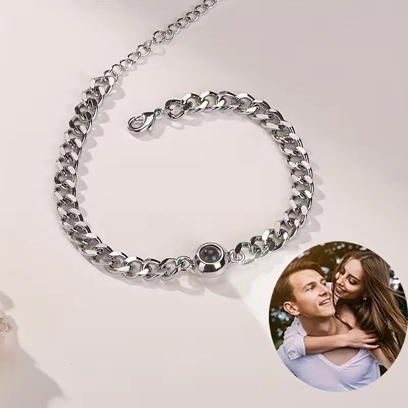 ❤️ Personalisiertes Foto-Projektionsarmband mit kubanischer Edelstahlkette – Individuelles Herrenarmband mit Bild