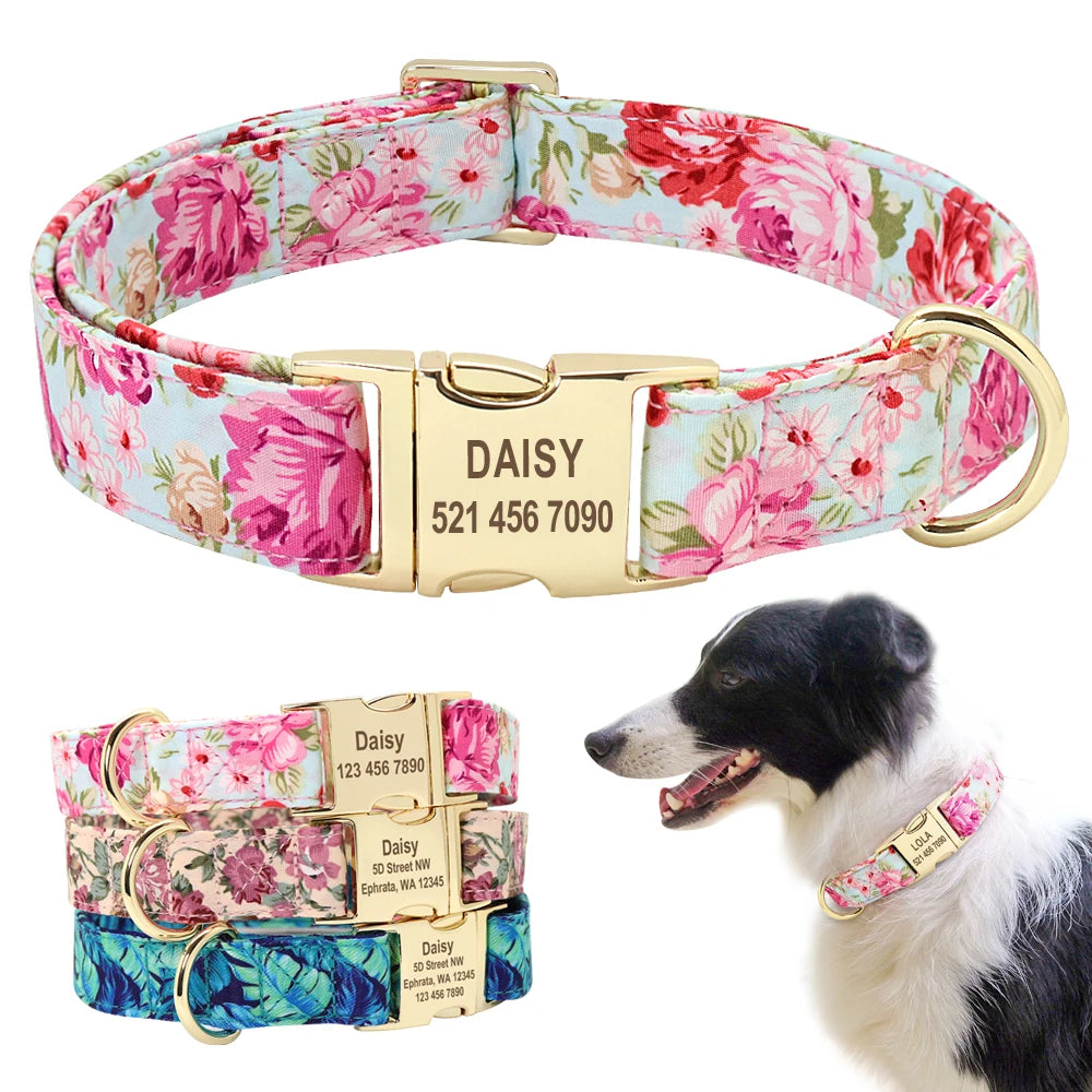 Personalisiertes Hundehalsband aus Nylon mit Blumenmuster und individueller Gravur