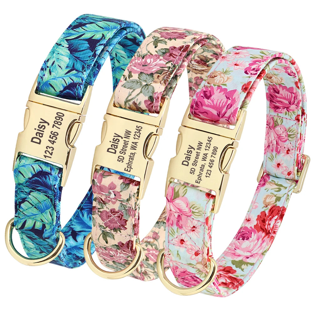 🌸 Personalisiertes Hundehalsband mit Blumenmuster & Gravur – Nylon ID-Halsband