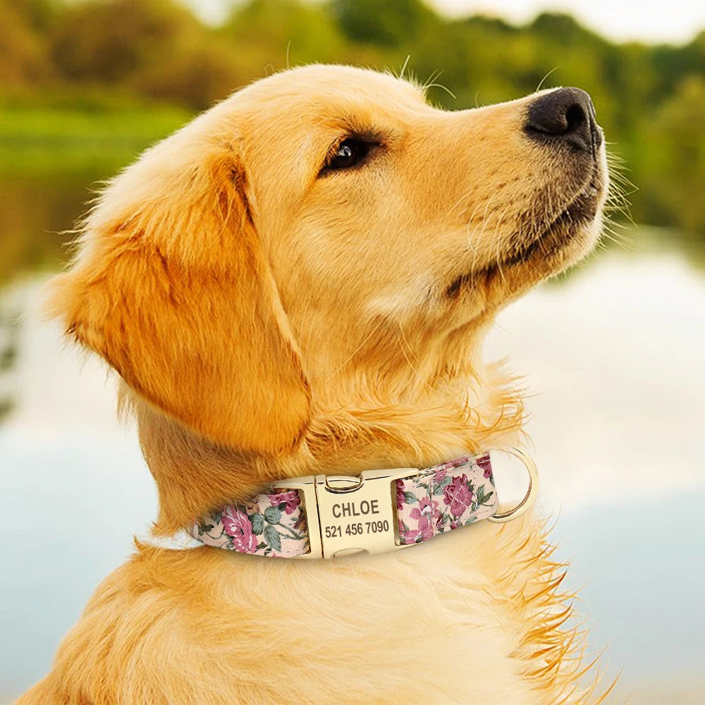 🌸 Personalisiertes Hundehalsband mit Blumenmuster & Gravur – Nylon ID-Halsband
