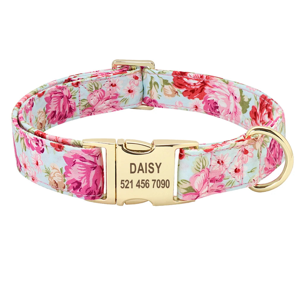 🌸 Personalisiertes Hundehalsband mit Blumenmuster & Gravur – Nylon ID-Halsband