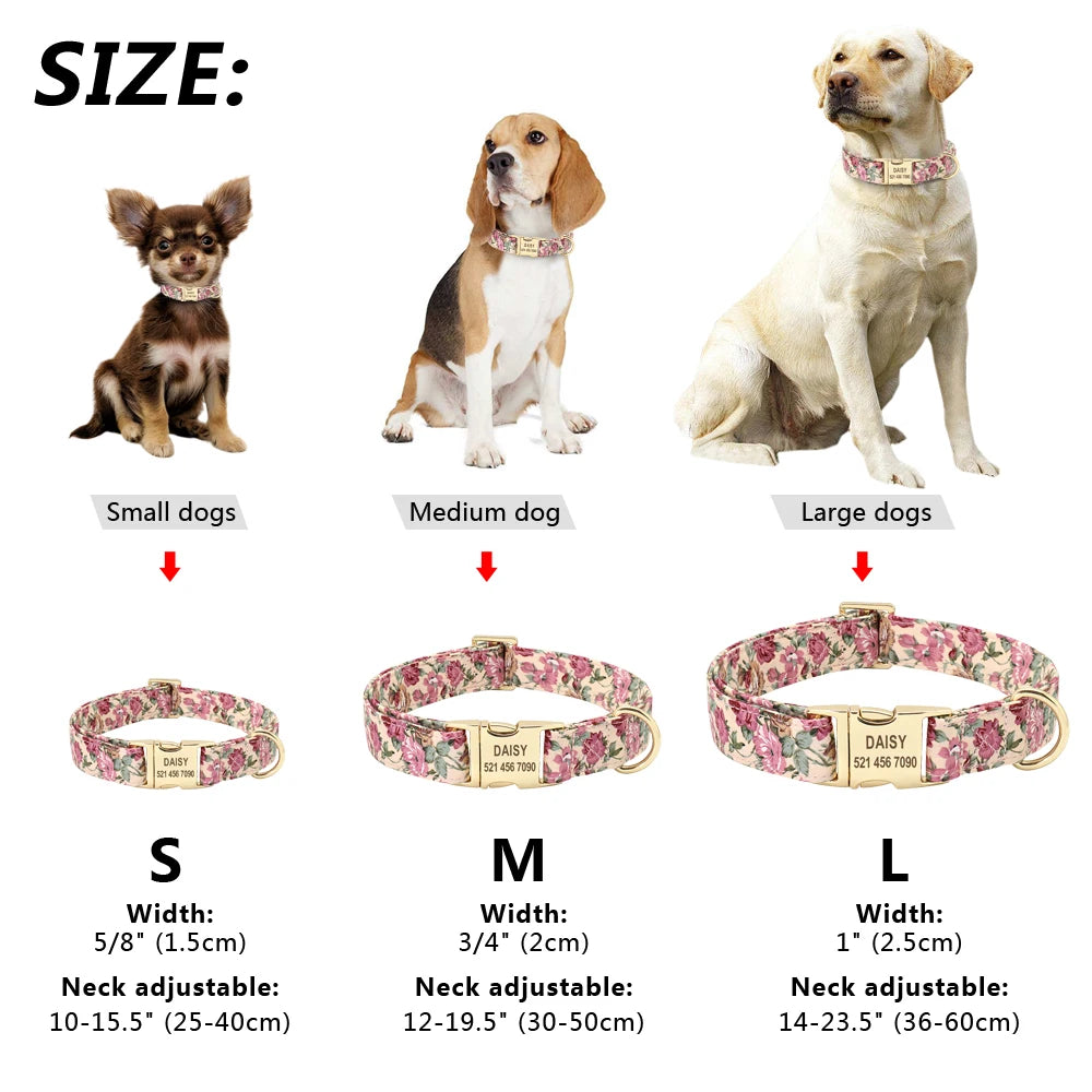 🌸 Personalisiertes Hundehalsband mit Blumenmuster & Gravur – Nylon ID-Halsband