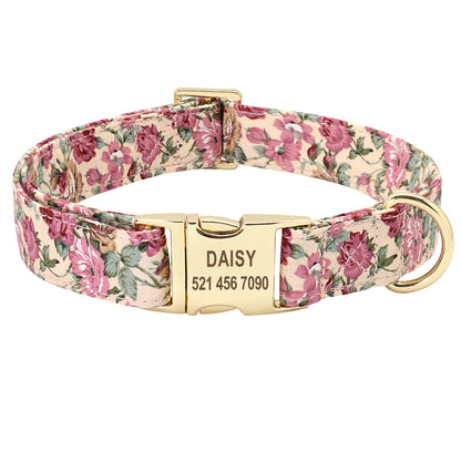 🌸 Personalisiertes Hundehalsband mit Blumenmuster & Gravur – Nylon ID-Halsband