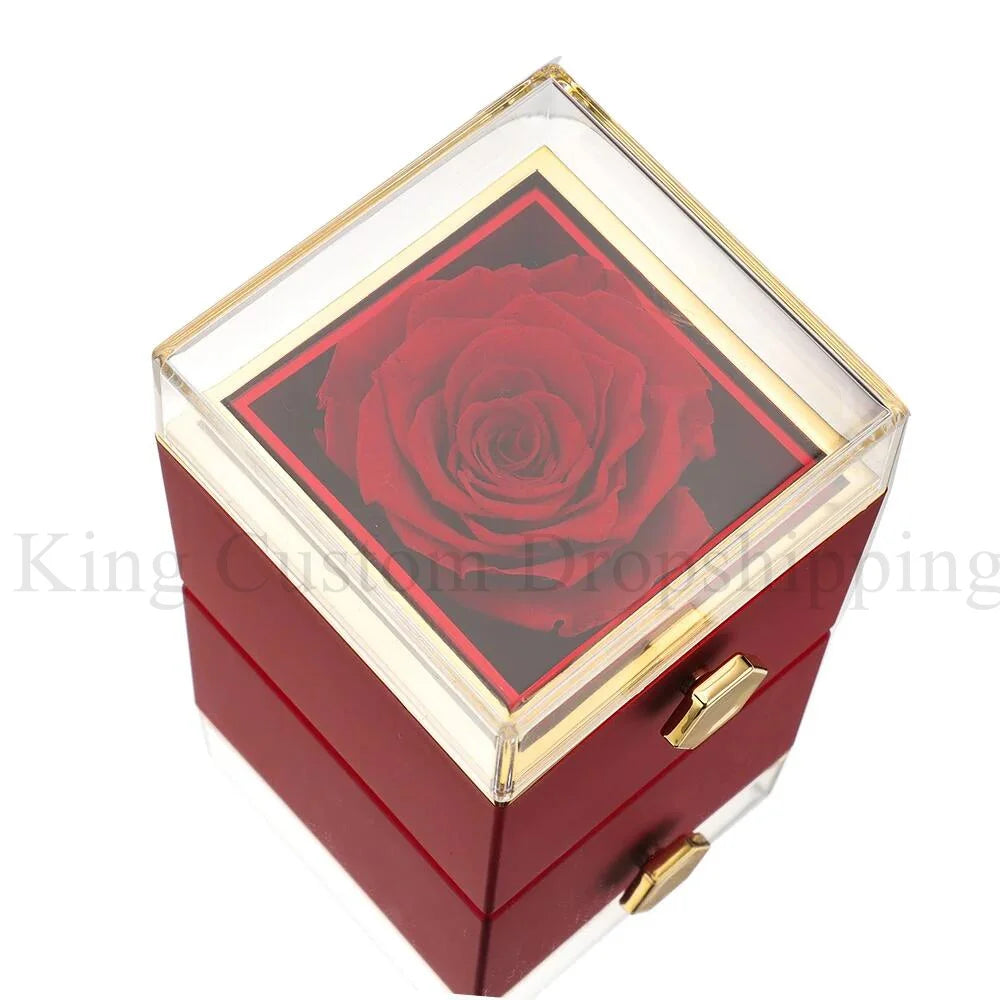 🌹 Ewige Rose mit personalisierter Namenskette – Doppelherz Geschenkbox mit Drehfunktion