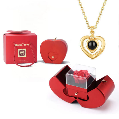 ❤️ Personalisierte Foto Projektions Halskette mit eigenem Bild – Herz Anhänger aus Edelstahl mit Apfelrosen Geschenkbox für Damen & Haustiere