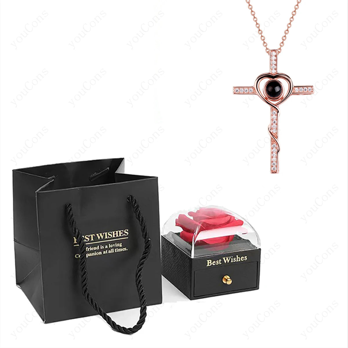 ❤️ Personalisierte Foto Projektions Halskette mit eigenem Bild – Herz Anhänger aus Edelstahl mit Rosen Geschenkbox für Damen