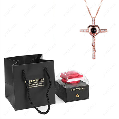 ❤️ Personalisierte Foto Projektions Halskette mit eigenem Bild – Herz Anhänger aus Edelstahl mit Rosen Geschenkbox für Damen