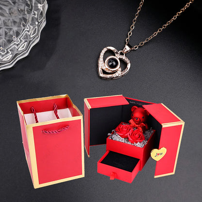 ❤️ Personalisierte Foto Projektions Halskette mit eigenem Bild – Herz Anhänger aus Edelstahl mit Bärchen Rosen Geschenkbox für Damen