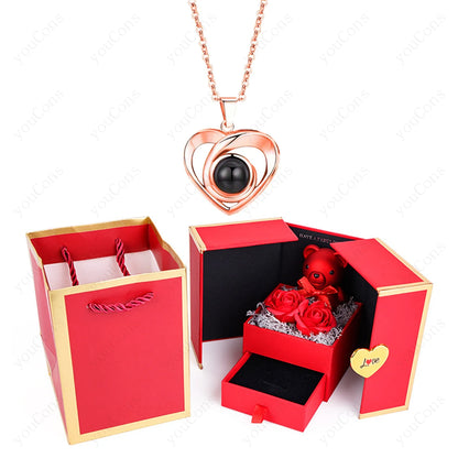❤️ Personalisierte Foto Projektions Halskette mit eigenem Bild – Herz Anhänger aus Edelstahl mit Bärchen Rosen Geschenkbox für Damen