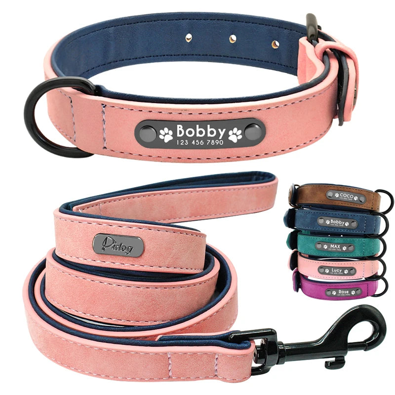 Personalisiertes Hundehalsband aus echtem Leder mit passender 120 cm Hundeleine in verschiedene Farben