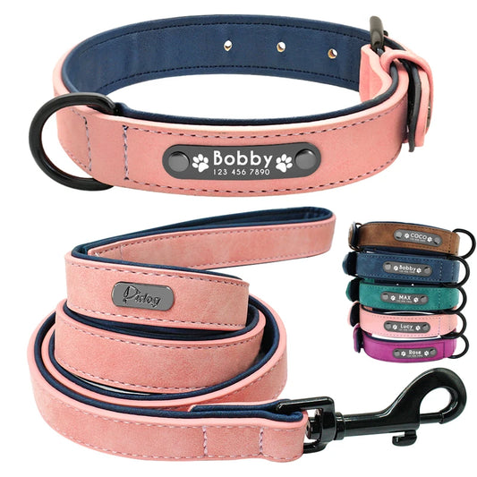 Personalisiertes Hundehalsband aus echtem Leder mit passender 120 cm Hundeleine in verschiedene Farben