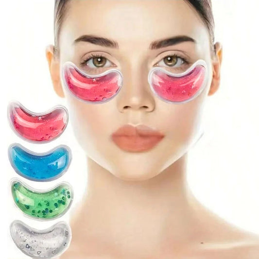 Zwei Augenpads in Farbe rot vorführend am Gesicht