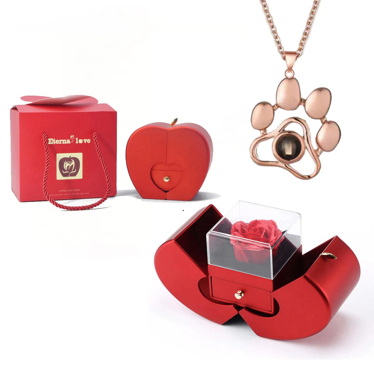 ❤️ Personalisierte Foto Projektions Halskette mit eigenem Bild – Herz Anhänger aus Edelstahl mit Apfelrosen Geschenkbox für Damen & Haustiere