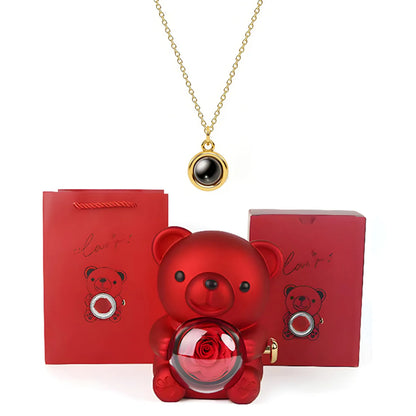 ❤️ Personalisierte Foto Projektions Halskette mit eigenem Bild – Herz Anhänger aus Edelstahl mit Bären Rosen Geschenkbox für Damen