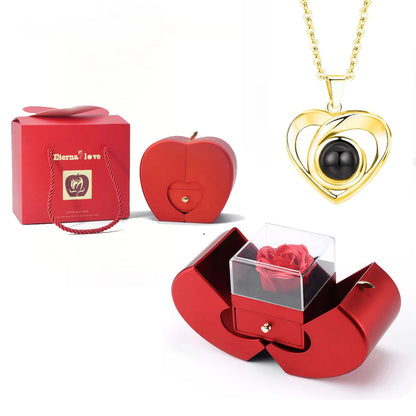 ❤️ Personalisierte Foto Projektions Halskette mit eigenem Bild – Herz Anhänger aus Edelstahl mit Apfelrosen Geschenkbox für Damen & Haustiere