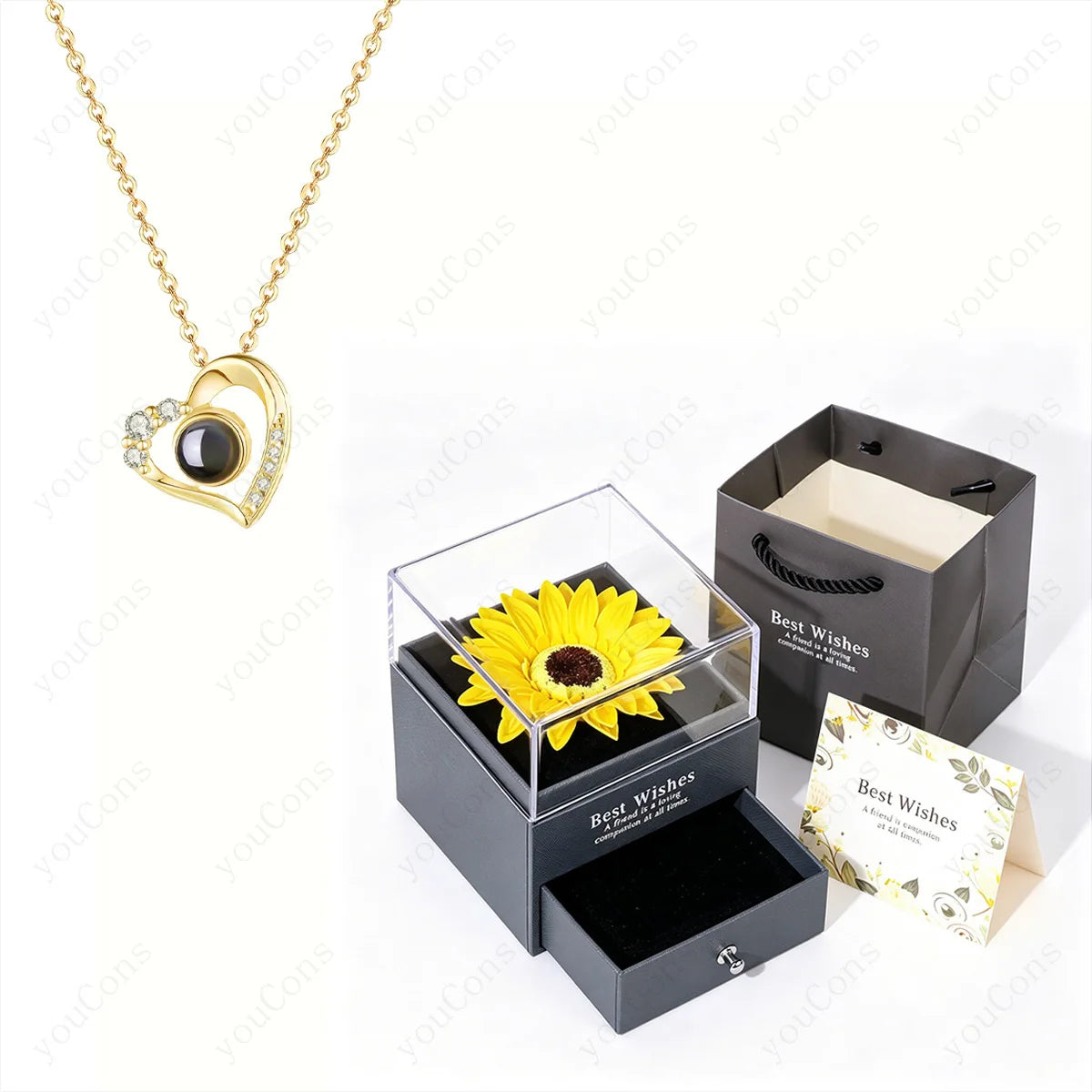 ❤️ Personalisierte Foto Projektions Halskette mit eigenem Bild – Edelstahl Anhänger mit Sonnenblumen Geschenkbox für Damen