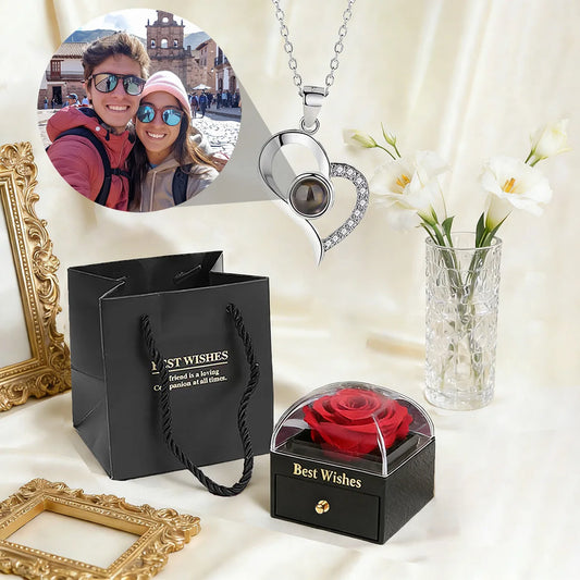 ❤️ Personalisierte Foto Projektions Halskette mit eigenem Bild – Herz Anhänger aus Edelstahl mit schwarzer Rosen Geschenkbox für Damen