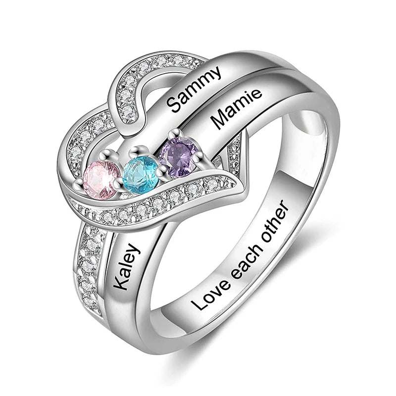 💍 Personalisierter Geburtsstein Ring mit Namen – 💎 Individueller Familienring mit Herz & Zirkonia – 🎁 Personalisiertes Geschenk für Frauen