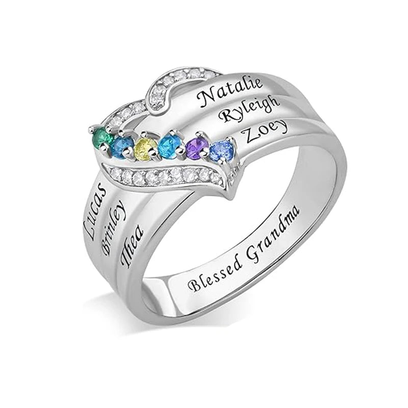 💍 Personalisierter Geburtsstein Ring mit Namen – 💎 Individueller Familienring mit Herz & Zirkonia – 🎁 Personalisiertes Geschenk für Frauen