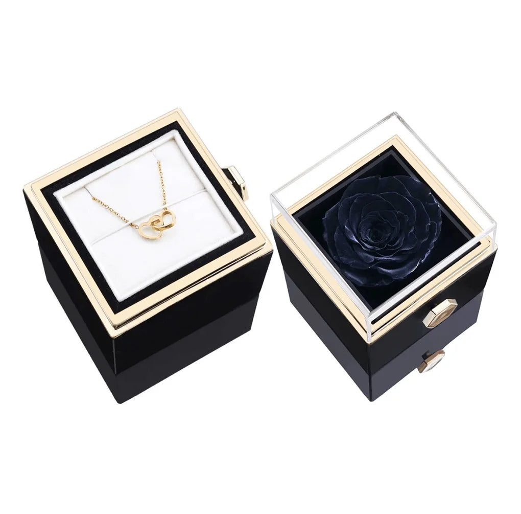 🌹 Ewige Rose mit personalisierter Namenskette – Doppelherz Geschenkbox mit Drehfunktion