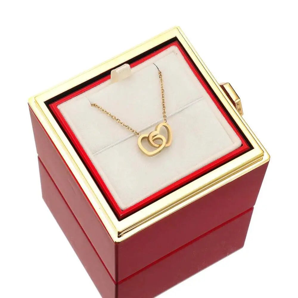 🌹 Ewige Rose mit personalisierter Namenskette – Doppelherz Geschenkbox mit Drehfunktion