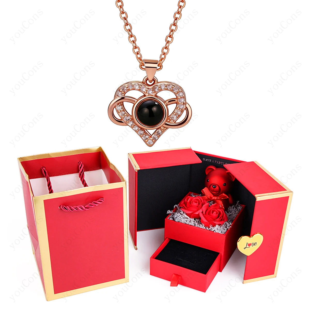 ❤️ Personalisierte Foto Projektions Halskette mit eigenem Bild – Herz Anhänger aus Edelstahl mit Bärchen Rosen Geschenkbox für Damen