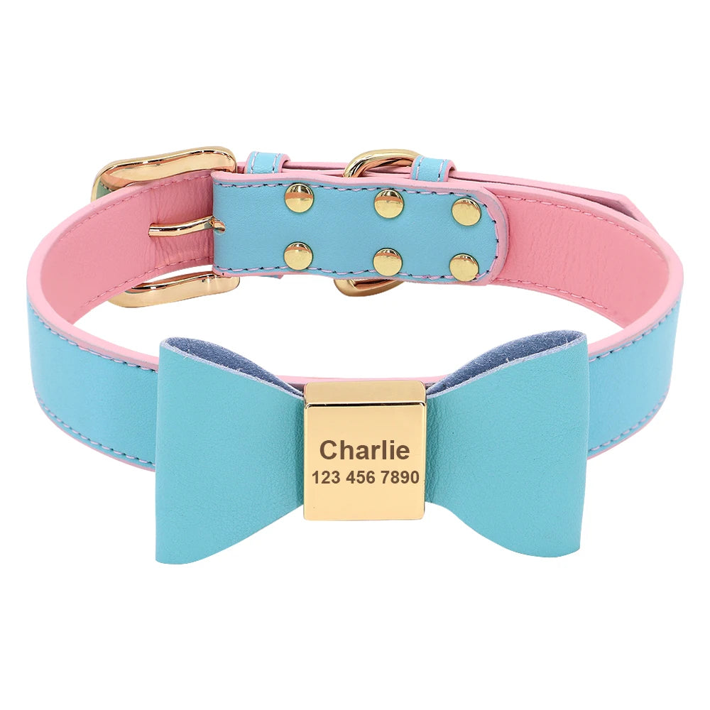 🎀 Personalisiertes Hundehalsband aus PU-Leder mit Schleife & Namensgravur