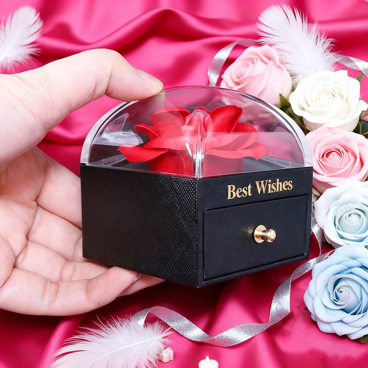 ❤️ Personalisierte Foto Projektions Halskette mit eigenem Bild – Herz Anhänger aus Edelstahl mit Rosen Geschenkbox für Damen