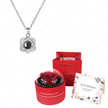 ❤️ Personalisierte Foto Projektions Halskette mit eigenem Bild – Edelstahl Halskette mit luxuriöser roter Rosen Geschenkbox für Damen