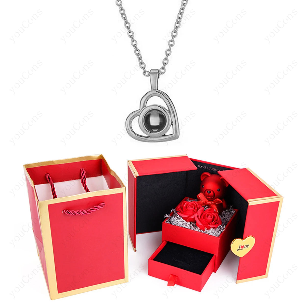 ❤️ Personalisierte Foto Projektions Halskette mit eigenem Bild – Herz Anhänger aus Edelstahl mit Bärchen Rosen Geschenkbox für Damen
