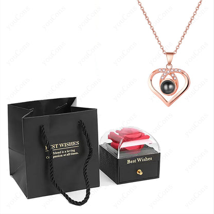❤️ Personalisierte Foto Projektions Halskette mit eigenem Bild – Herz Anhänger aus Edelstahl mit Rosen Geschenkbox für Damen