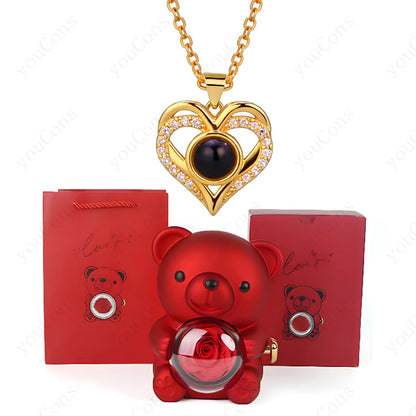 ❤️ Personalisierte Foto Projektions Halskette mit eigenem Bild – Herz Anhänger aus Edelstahl mit Bären Rosen Geschenkbox für Damen