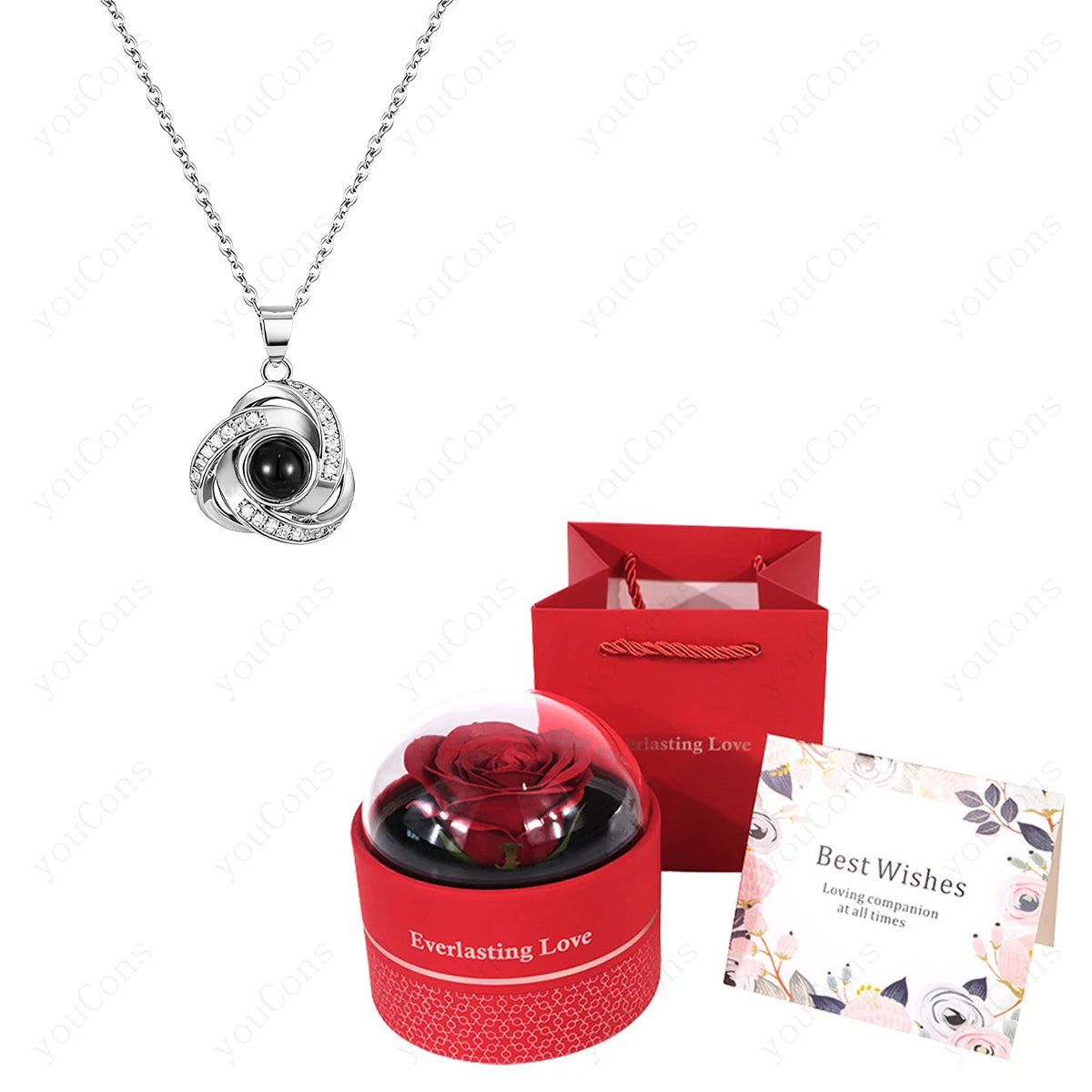 ❤️ Personalisierte Foto Projektions Halskette mit eigenem Bild – Edelstahl Halskette mit luxuriöser roter Rosen Geschenkbox für Damen