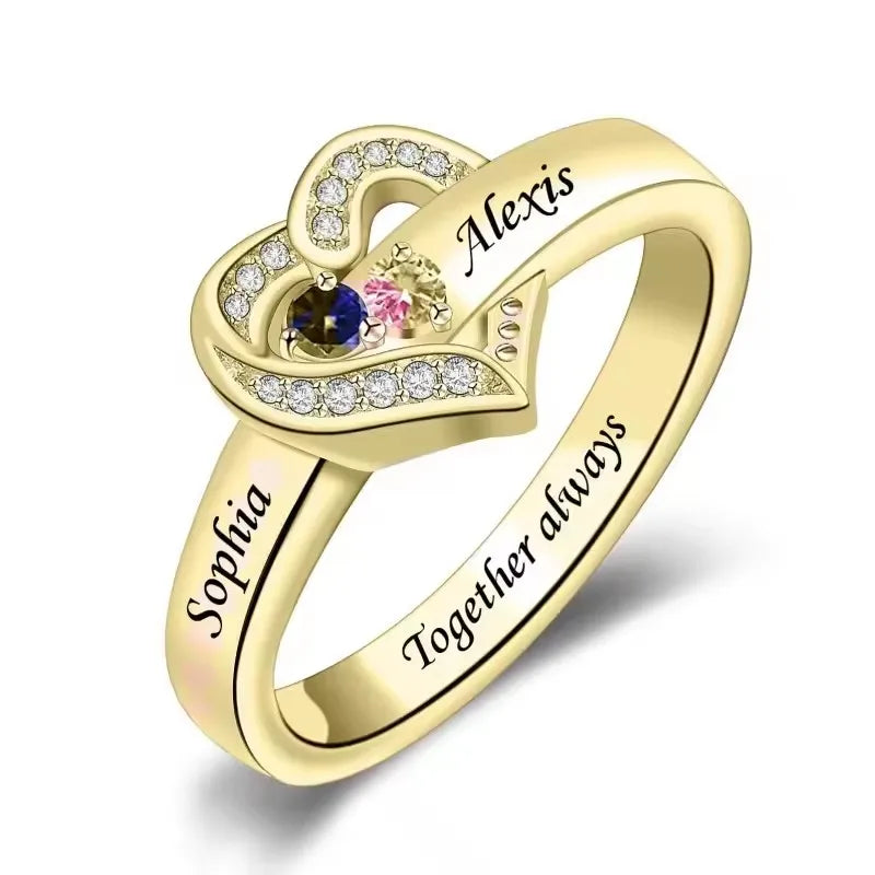 💍 Personalisierter Geburtsstein Ring mit Namen – 💎 Individueller Familienring mit Herz & Zirkonia – 🎁 Personalisiertes Geschenk für Frauen