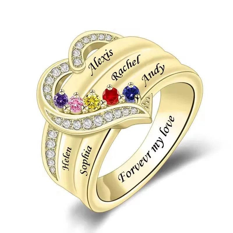 💍 Personalisierter Geburtsstein Ring mit Namen – 💎 Individueller Familienring mit Herz & Zirkonia – 🎁 Personalisiertes Geschenk für Frauen