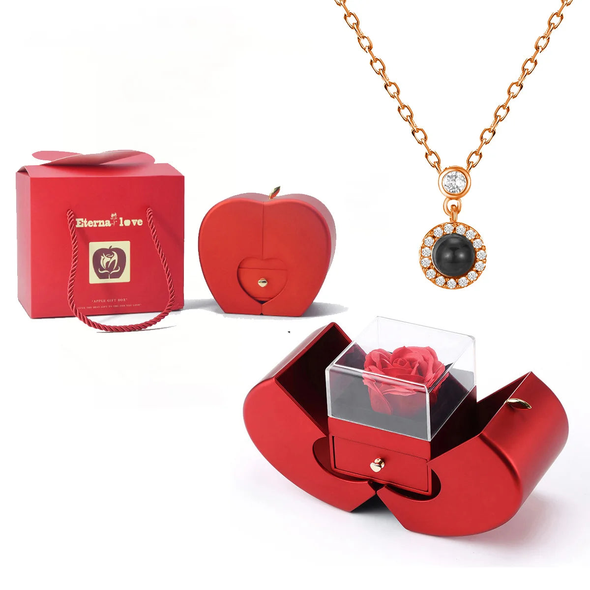 ❤️ Personalisierte Foto Projektions Halskette mit eigenem Bild – Herz Anhänger aus Edelstahl mit Apfelrosen Geschenkbox für Damen & Haustiere