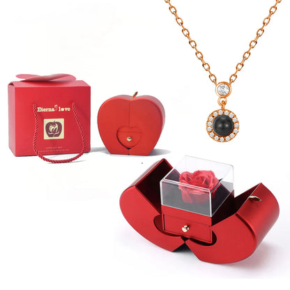 ❤️ Personalisierte Foto Projektions Halskette mit eigenem Bild – Herz Anhänger aus Edelstahl mit Apfelrosen Geschenkbox für Damen & Haustiere