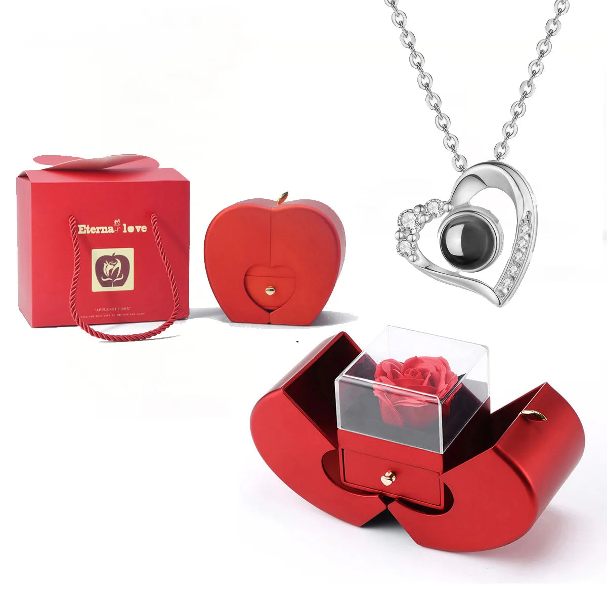 ❤️ Personalisierte Foto Projektions Halskette mit eigenem Bild – Herz Anhänger aus Edelstahl mit Apfelrosen Geschenkbox für Damen & Haustiere