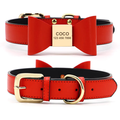 🎀 Personalisiertes Hundehalsband aus PU-Leder mit Schleife & Namensgravur