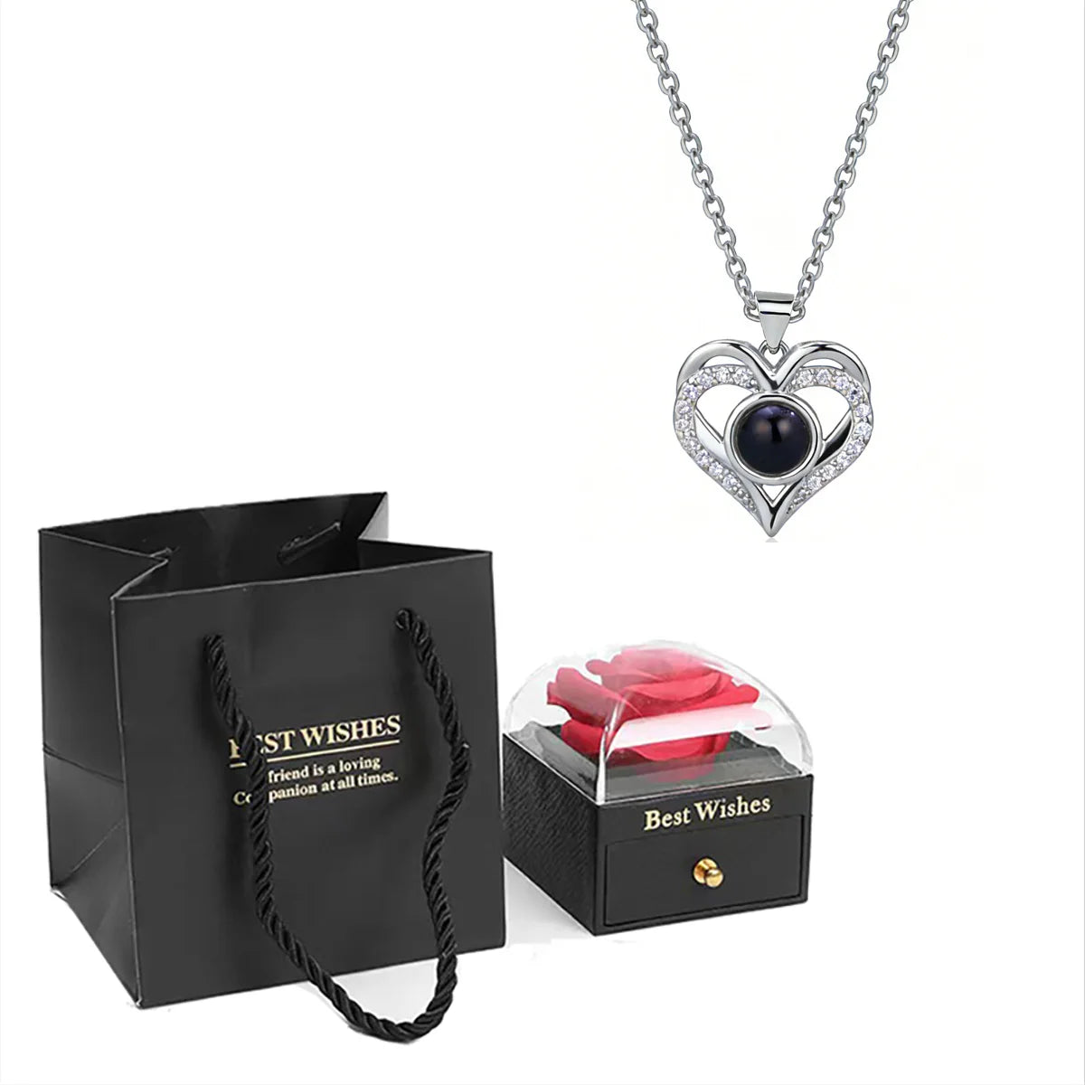 ❤️ Personalisierte Foto Projektions Halskette mit eigenem Bild – Herz Anhänger aus Edelstahl mit schwarzer Rosen Geschenkbox für Damen
