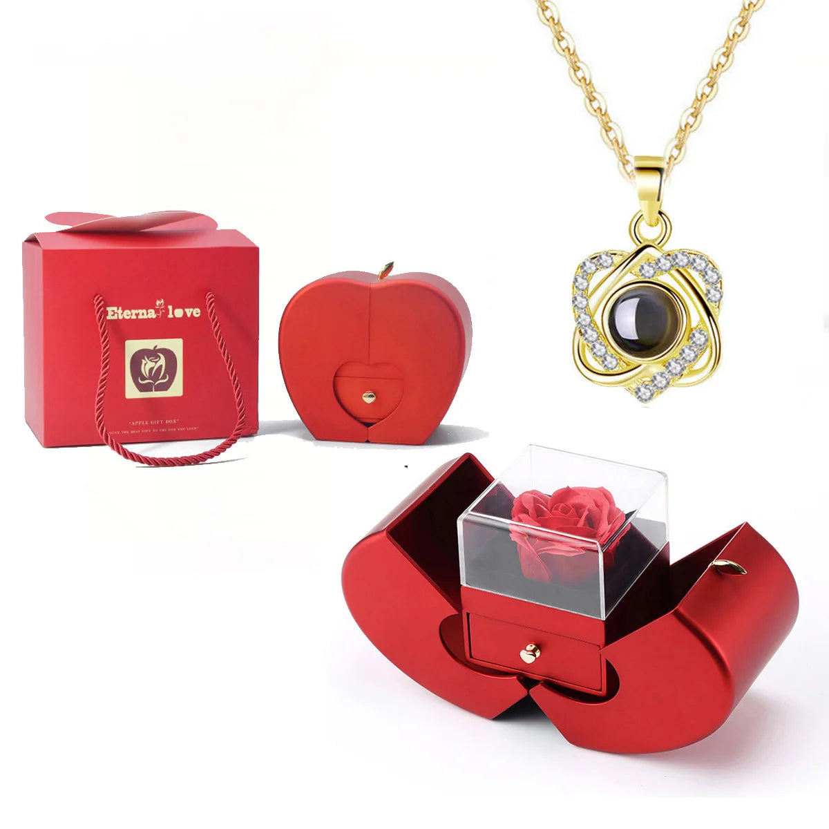 ❤️ Personalisierte Foto Projektions Halskette mit eigenem Bild – Herz Anhänger aus Edelstahl mit Apfelrosen Geschenkbox für Damen & Haustiere