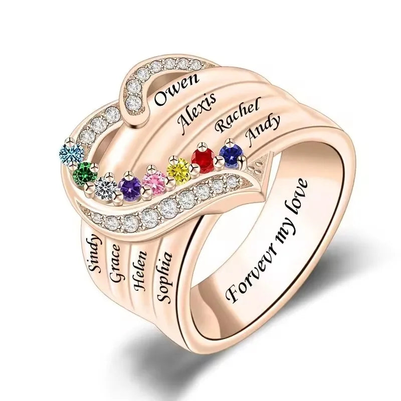 💍 Personalisierter Geburtsstein Ring mit Namen – 💎 Individueller Familienring mit Herz & Zirkonia – 🎁 Personalisiertes Geschenk für Frauen