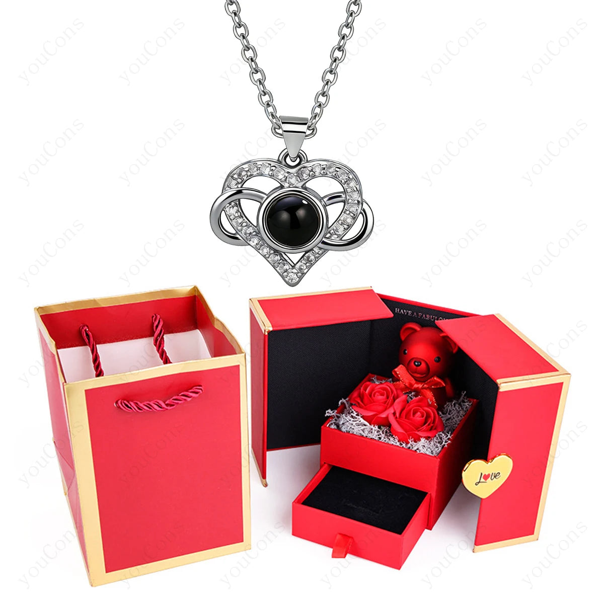 ❤️ Personalisierte Foto Projektions Halskette mit eigenem Bild – Herz Anhänger aus Edelstahl mit Bärchen Rosen Geschenkbox für Damen