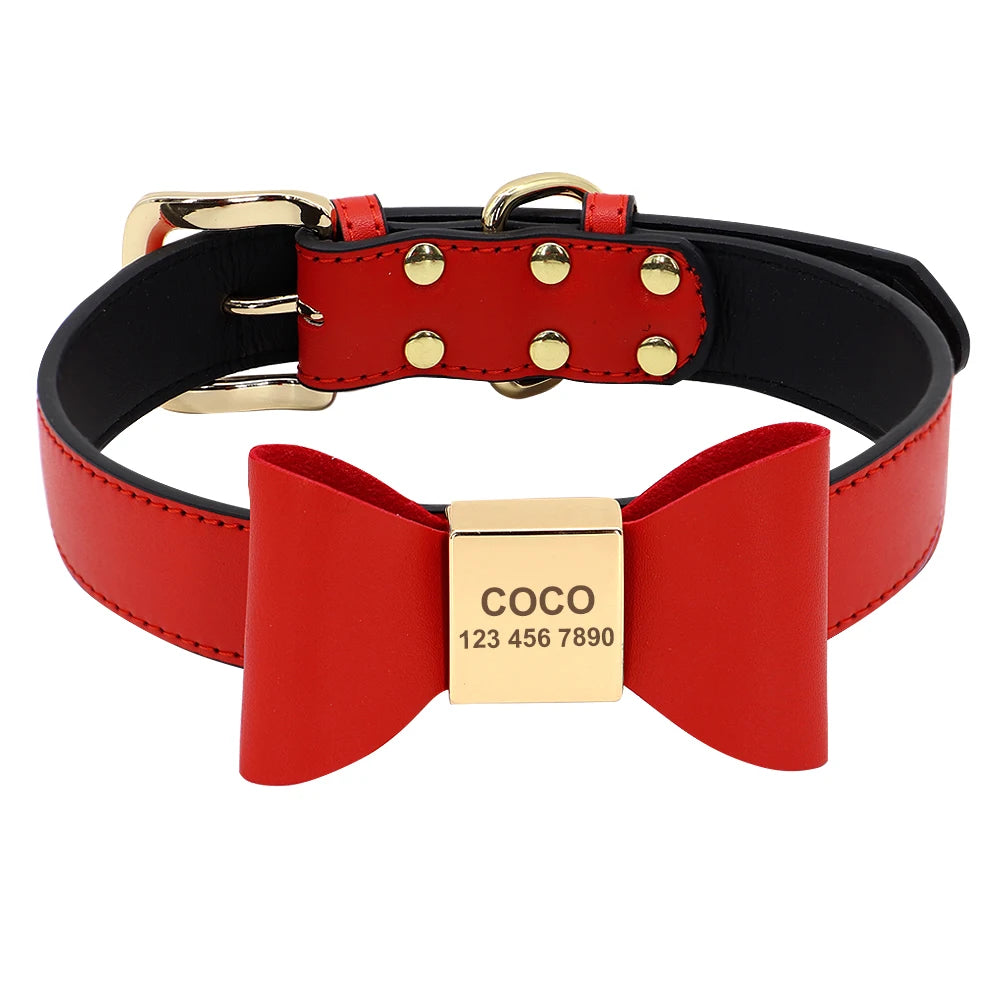 🎀 Personalisiertes Hundehalsband aus PU-Leder mit Schleife & Namensgravur