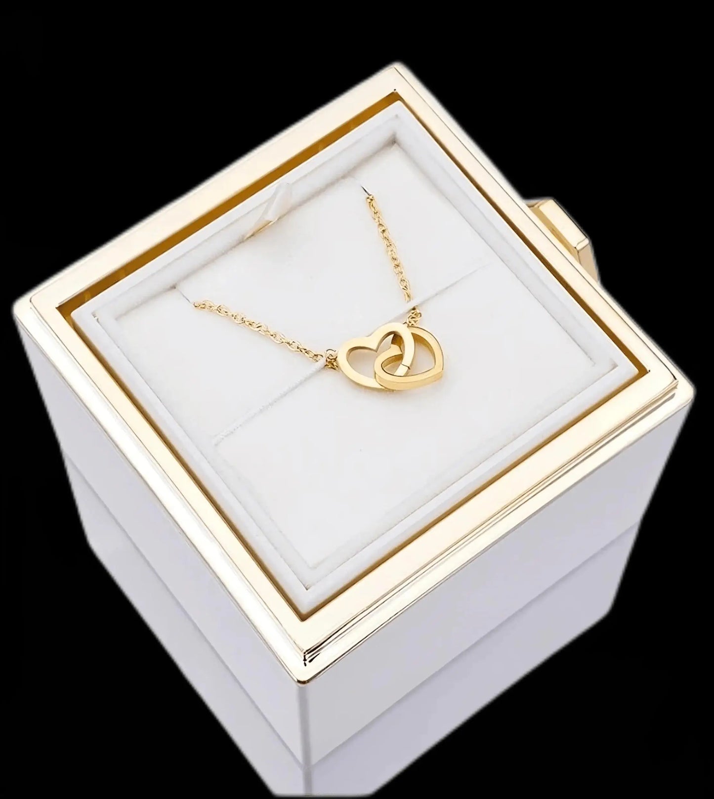 🌹 Ewige Rose mit personalisierter Namenskette – Doppelherz Geschenkbox mit Drehfunktion