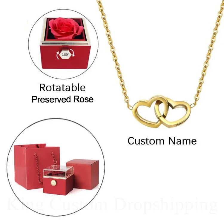 🌹 Ewige Rose mit personalisierter Namenskette – Doppelherz Geschenkbox mit Drehfunktion