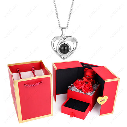 ❤️ Personalisierte Foto Projektions Halskette mit eigenem Bild – Herz Anhänger aus Edelstahl mit Bärchen Rosen Geschenkbox für Damen