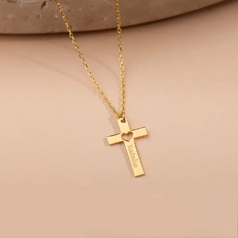 Personalisierte Kreuz-Halskette mit Name ❤️ Edelstahl Kette mit Herz-Kreuz-Anhänger für Damen & Herren