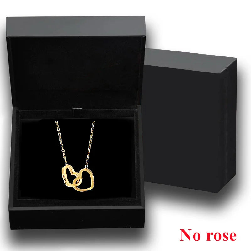 🌹 Ewige Rose mit personalisierter Namenskette – Doppelherz Geschenkbox mit Drehfunktion